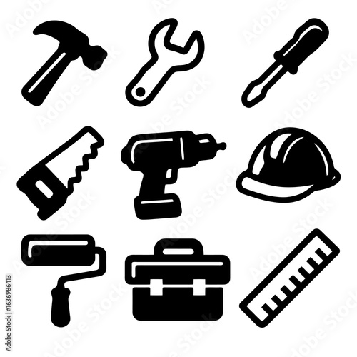 Black filled construction icons: hammer, drill, helmet and more. Bold silhouette vector perfect for building projects, hardware branding and repair services.
