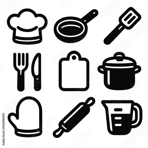Black filled cooking icons: chef hat, spatula, pot and more. Bold silhouette vector perfect for recipe apps, food blogs and kitchen branding.