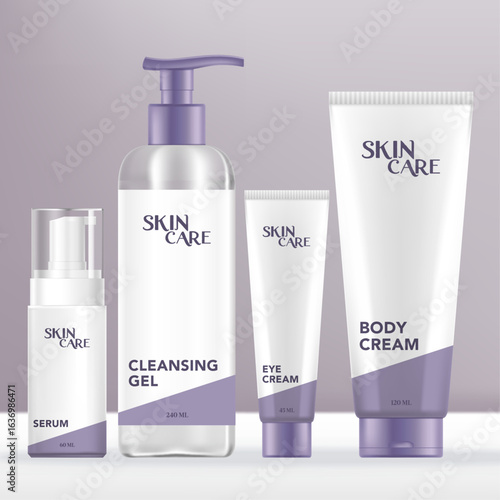 skincare beauty set with tube, pump bottle, dispenser & tube packaging
