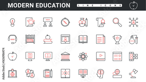 Modern education technology thin red and black line icons set vector illustration. Abstract data science documents, computer, digital lessons and library with list of online books for students study