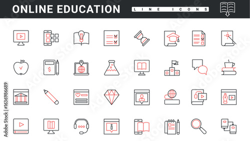 Training courses, video tutorials and online library to study thin red and black line icons set vector illustration. Abstract digital lectures and books for students, mobile learning technology