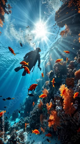 A scuba diver swimming above an underwater coral reef surrounded by colorful fish generative ai