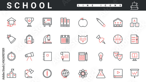 School study thin red and black line icons set vector illustration. Abstract wisdom and knowledge symbols for students and graduates, books and objects for geography, physics and chemistry lessons