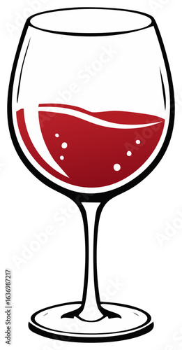 Vector illustration of a clear wine glass filled with red liquid and bubbles