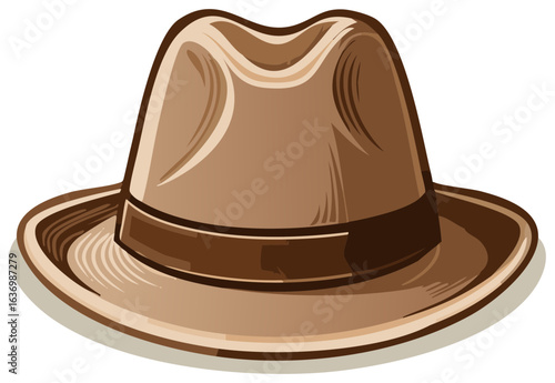 Classic brown fedora hat illustration with a dark band for men's fashion