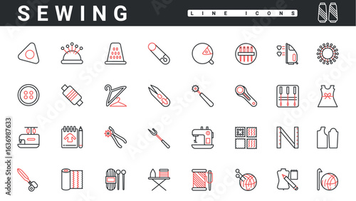 Craft tailor kit, dressmaking equipment and tools, fashion industry thin red and black line icons set vector illustration. Abstract needle and thread, fabric cloth, sewing machine to sew dress