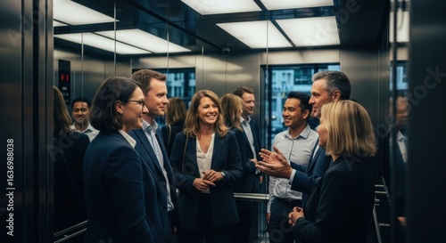 Businesspeople chatting in an elevator