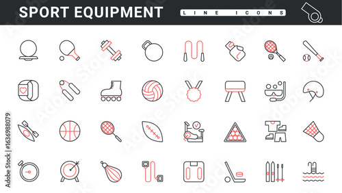 Sport gym equipment, gear for fitness workout and games thin red and black line icons set vector illustration. Abstract dumbbell and weights for training muscle, ball for tennis, volleyball and soccer