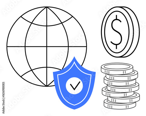 Globe with shield, checkmark, coin stack, and dollar sign emphasizing global financial security. Ideal for finance, insurance, investment safety, economy, global trade trust simple flat metaphor