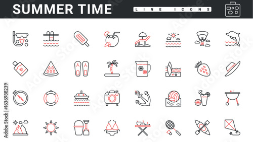 Summer vacation, beach time, travel and sport tanning thin red and black line icons set vector illustration. Abstract bikini, sunscreen and anchor for swimming in sea cruise, surfboard and diving mask