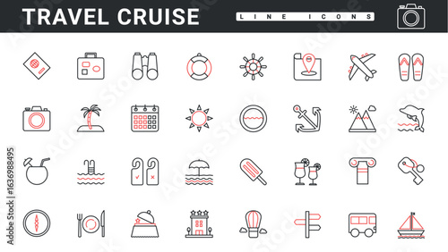 Sea cruise, vacation and travel thin red and black line icons set vector illustration. Abstract summer attractions, palm, water and umbrella on sand beach, luggage binoculars and passport of tourist