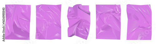 Violet transparent crumpled polyethylene film sheets with realistic texture perfect for packaging design, backgrounds, or creative projects isolated on white background vector illustration