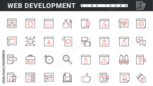 Web development technology thin red and black line icons set vector illustration. Abstract data research and management, creative digital design of application and interface usability planning