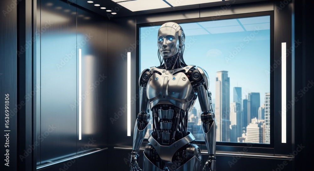 Naklejka premium Futuristic robot in an elevator, city view