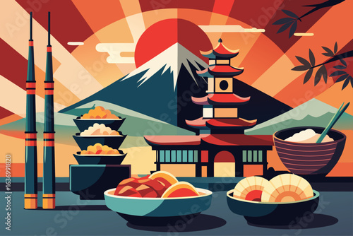 Japanese Food and Mount Fuji Landscape Illustration