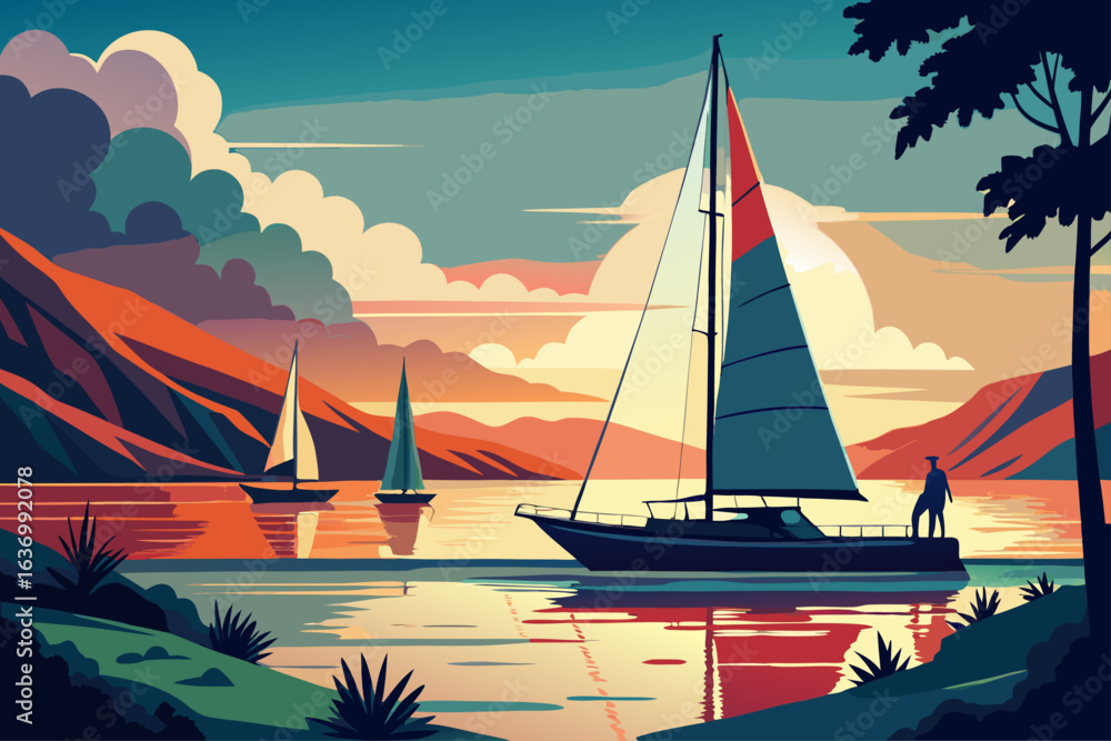 Naklejka premium Sailboats on the Water at Sunset