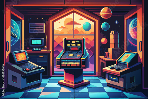 Retro Arcade Room with Futuristic Sunset View