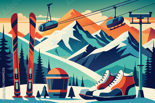 Ski Resort Mountain Landscape with Equipment