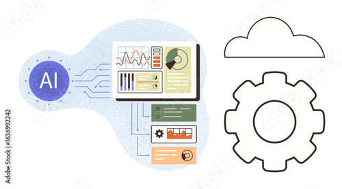 AI module connecting data visualizations, analytics graph, and automation gear with cloud. Ideal for technology, innovation, machine learning, data science, automation, cloud computing digital
