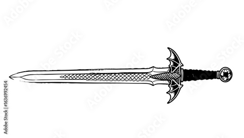 Elegant fantasy sword with bat wing guard and gemstone pommel