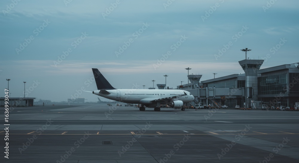 Fototapeta premium White passenger plane parked at terminal gate on airport tarmac. Travel and transportation concept. Global journey and business trip.