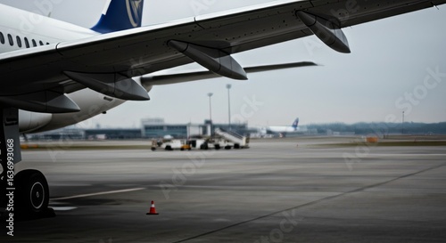 An airplane, seen from a low angle, stands ready on an airport runway, with wings and landing gear visible, for journey concept.