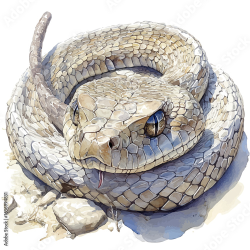 Rattlesnake, watercolor painting vector, isolated on a white background.