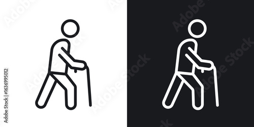 Person walking with cane vector icon. Design graphic in outline style illustration.