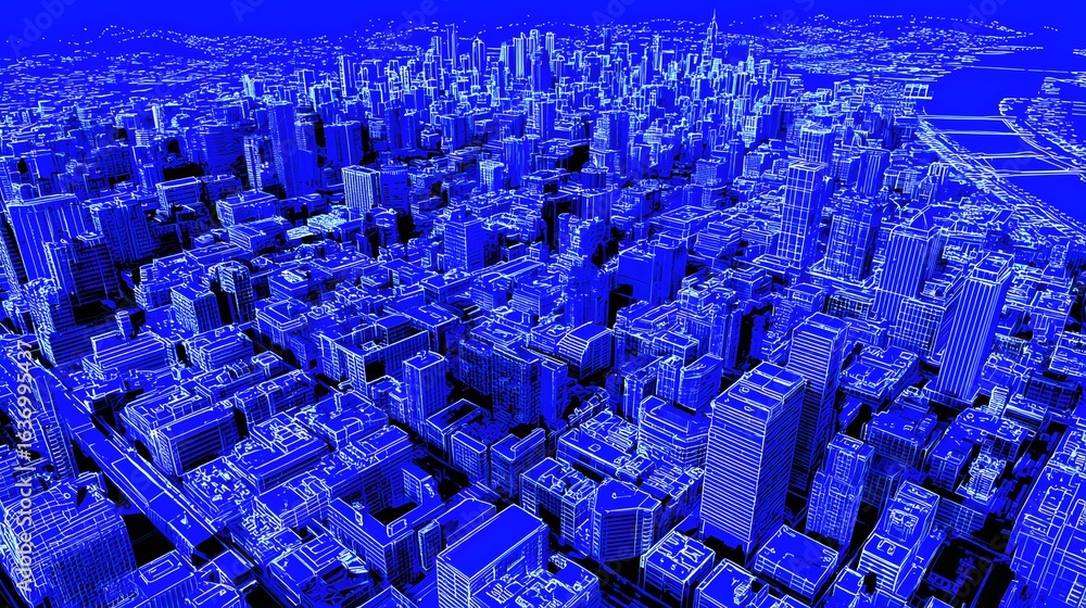 Obraz premium Detailed city skyline outlined in vibrant blue.