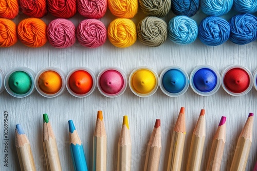A vibrant collection of yarn balls, colorful paints, and pencils, neatly arranged, showcasing a spectrum of creative arts materials.