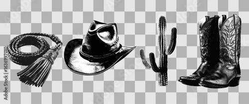 Trendy collage with photocopy effect. Cowboy hat, boots, cactus, whip with grain effect. Fashionable retro aesthetics of the 90s-2000s. Vector.