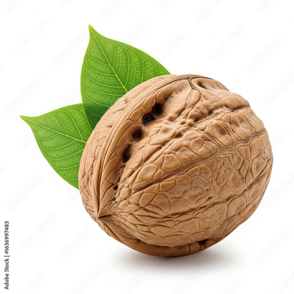 Fototapeta premium A single, intricately shelled walnut, its textured, ridged surface in sharp focus, accompanied by a few delicate green leaves copy