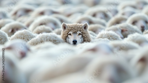 Hiding wolf in sheep herd. 