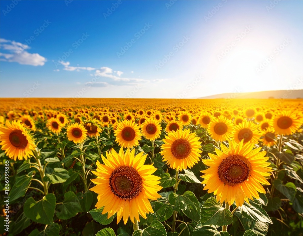 Fototapeta premium Vibrant Field of Sunflowers Under a Blue Sky with Fluffy White Clouds