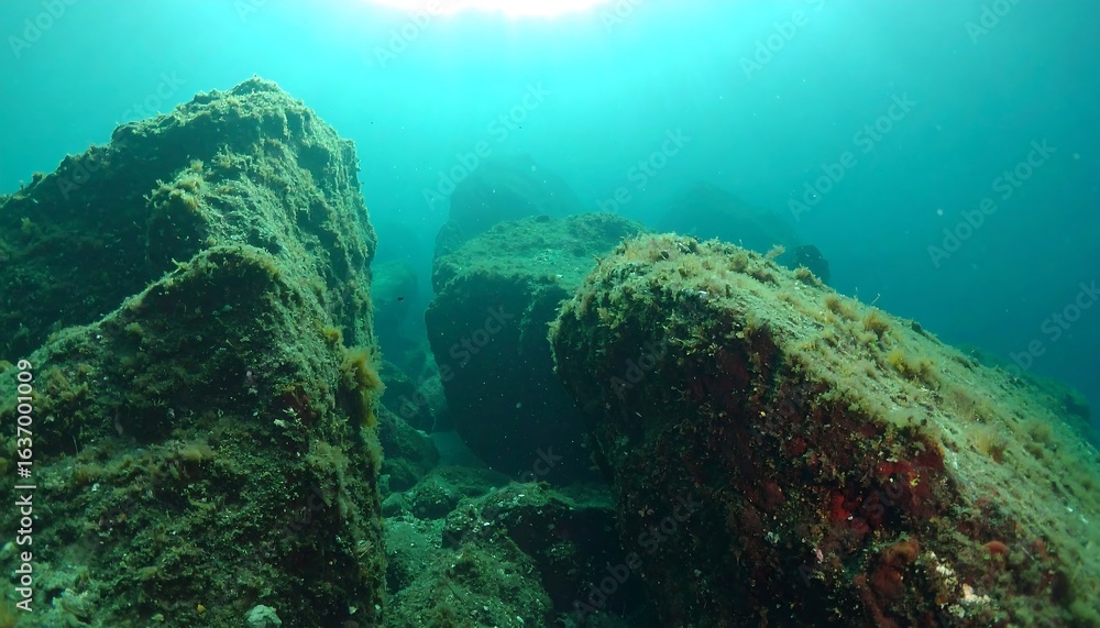 Fototapeta premium Underwater rocks, sunlight, teal water