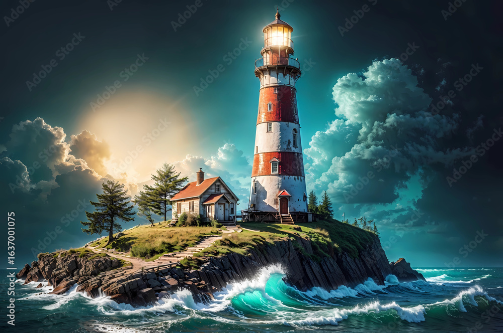 Obraz premium vivid color lighthouse at twilight