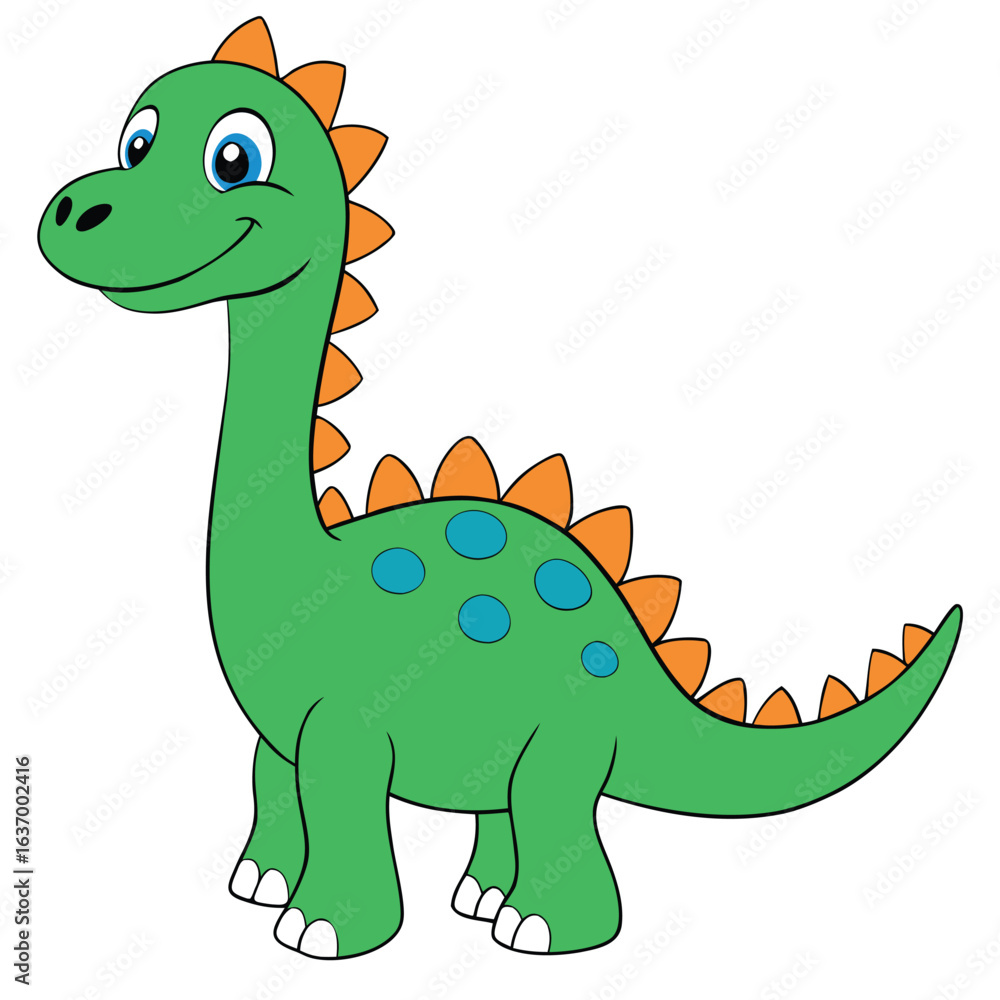 Fototapeta premium Cute green cartoon dinosaur with orange spikes and blue spots isolated on white background