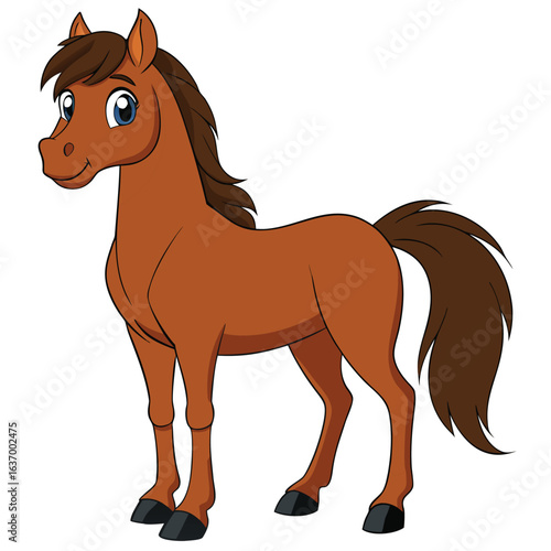 Cartoon brown horse standing, isolated on white background