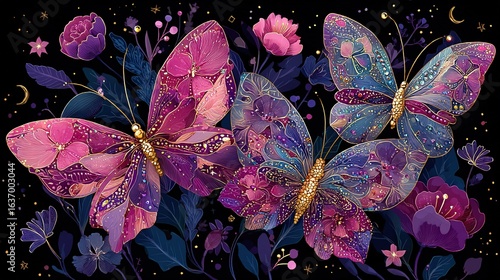 Pink and purple butterflies with gold, silver, and crystal accents, flowers, stars, diamonds, dark background