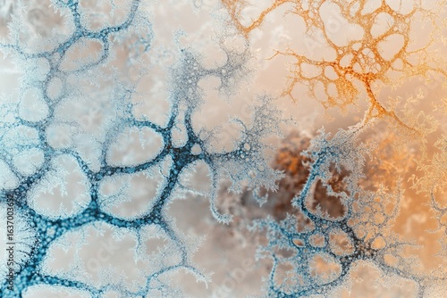 An abstract macro photo showing intricate, branching patterns in blue and orange hues resembling natural networks and organic textures.