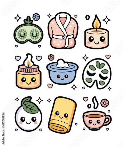 Cute Kawaii Spa Icons Collection with Skincare and Relaxation Elements