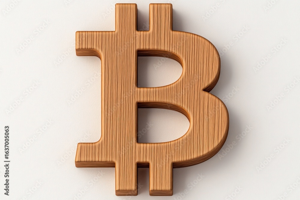 Obraz premium Wooden bitcoin symbol lies on white background 