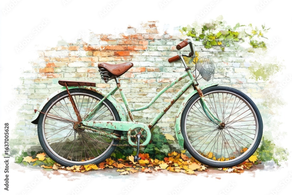Fototapeta premium A vintage turquoise bicycle rests against a brick wall, surrounded by fallen leaves in a whimsical, watercolor-style illustration.