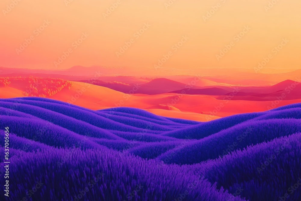 Fototapeta premium Vibrant purple hills roll beneath a dreamy orange sky, creating a serene and surreal landscape at dusk or dawn.