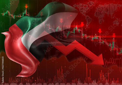 United Arab Emirates, vector 3d flag financial exchange trend down