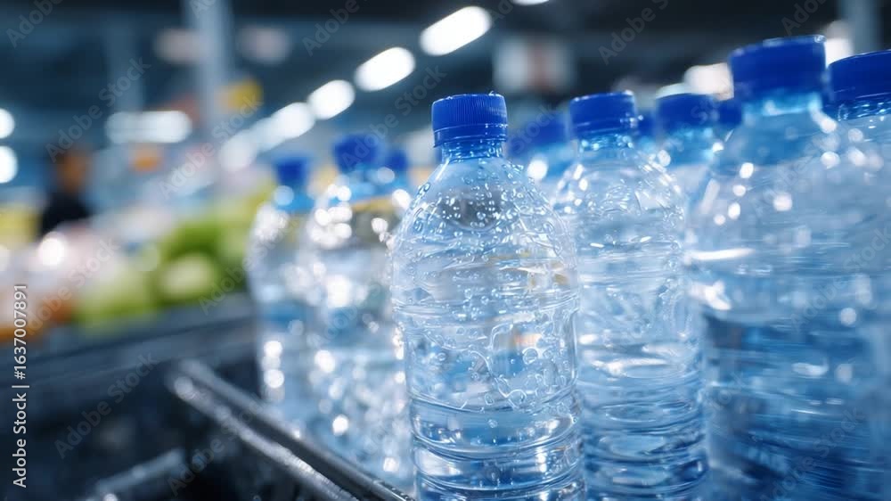 Symmetrically arranged blue-tinted bottled water with condensation droplets, showcasing a refreshing display in a supermarket aisle. Symmetrically arranged blue-tinted bottled water with condensation droplets, showcasing a refreshing display in a supermarket aisle.