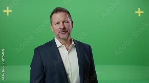 Adult Man in Navy Blue Business Suit Speaking on Green Screen Display with Confident Expression and Professional Attire in Studio Setting Perfect for Presentation Video and Corporate Training