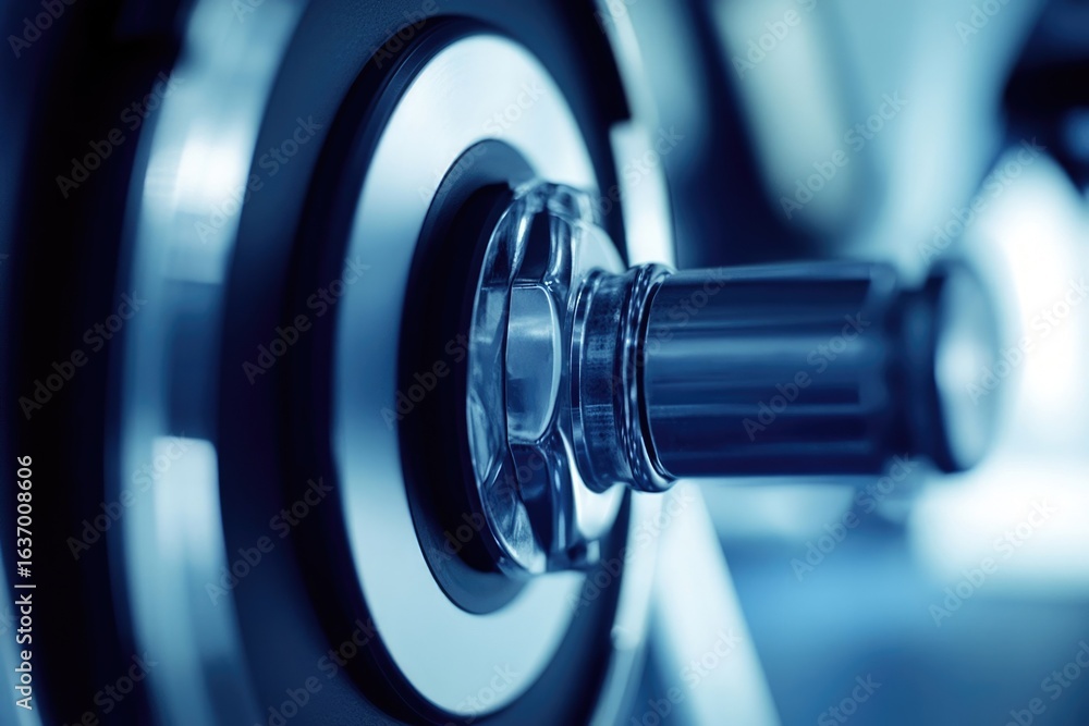 Fototapeta premium Close-up of a metal wheel with a central hub and axle, bathed in cool blue tones with shallow depth of field.