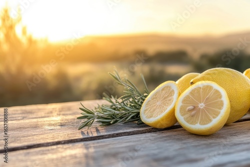 Ripe lemons and rosemary on rustic wood against a beautiful sunset backdrop creating a fresh and natural ambiance.