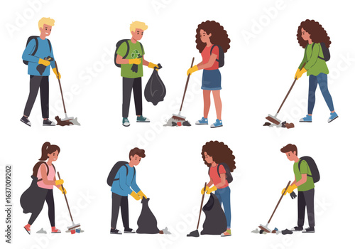 Illustration Volunteers Cleaning Vector Scene with People Picking Up Trash in Flat Cartoon Style